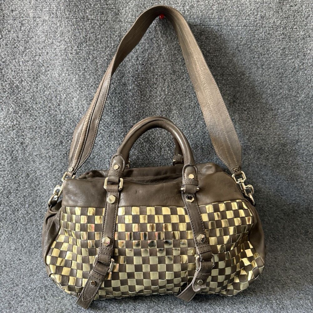 Marc by Marc Jacobs Taupe Gold Checkered Satchel Bag Zip Detachable Strap